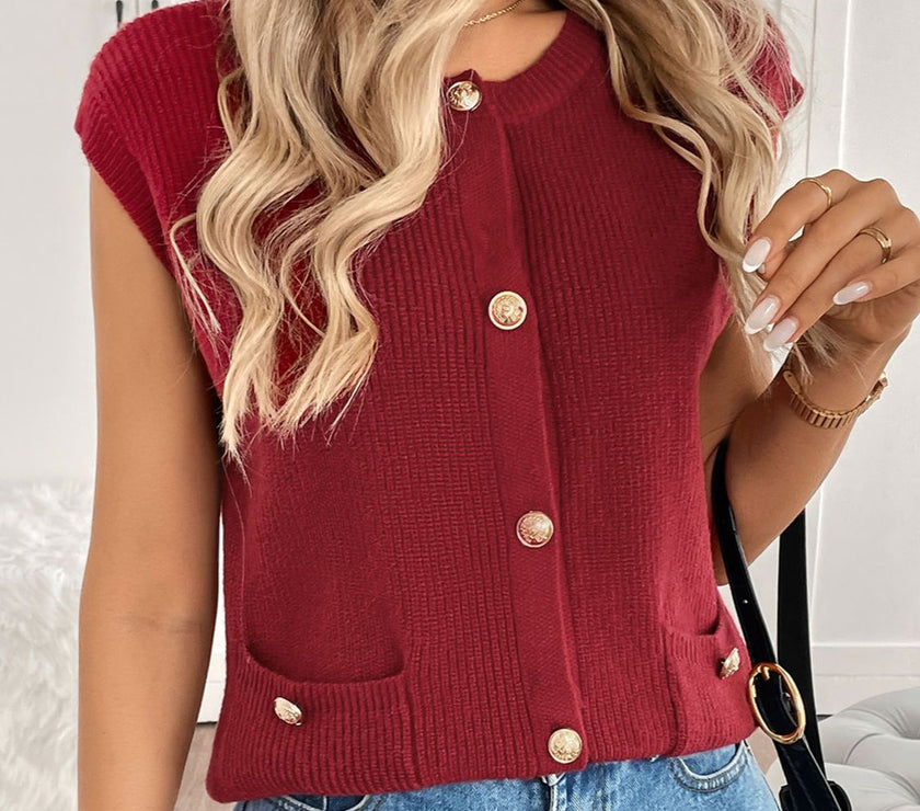 Perfee Pocketed Round Neck Cap Sleeve Cardigan