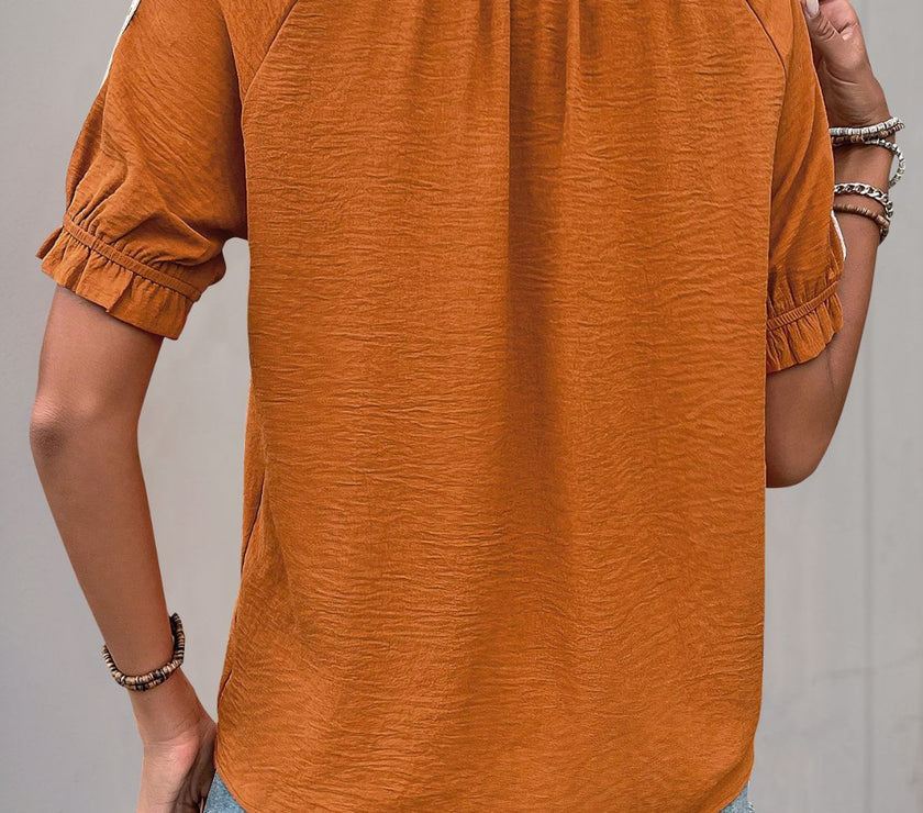 Perfee Tied Crochet Detail Short Sleeve Blouse