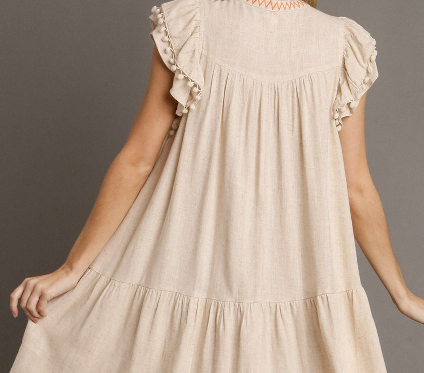 Jet Stream Linen Embroidery Split Neck Pom Pom Ruffle Sleeves Flowy Short Dress