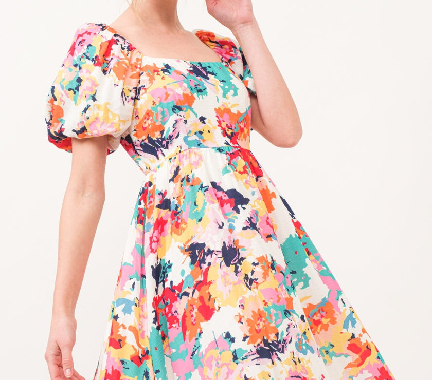 And The Why Square Neck Puff Sleeve Floral Dress