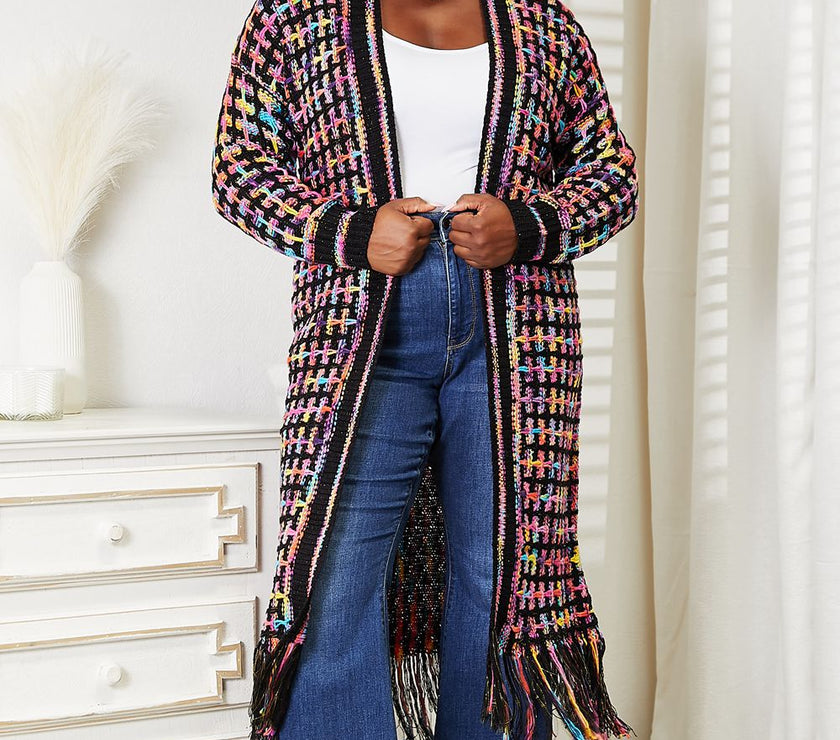 Angel Wings Full Size Multicolored Open Front Fringe Hem Cardigan
