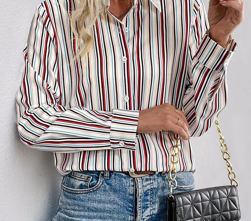 Perfee Contrast Striped Collared Neck Long Sleeve Shirt