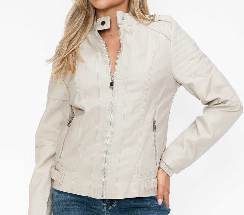 Snobbish PU Leather Biker Jacket with Side Zip Pockets