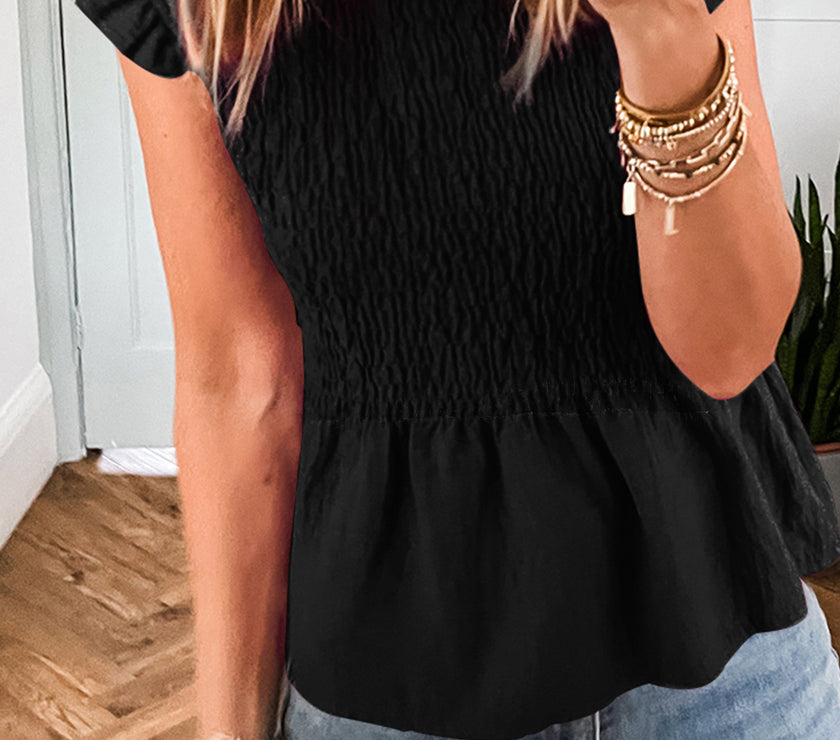 Black Ruffle Short Sleeve Shirred Peplum Top