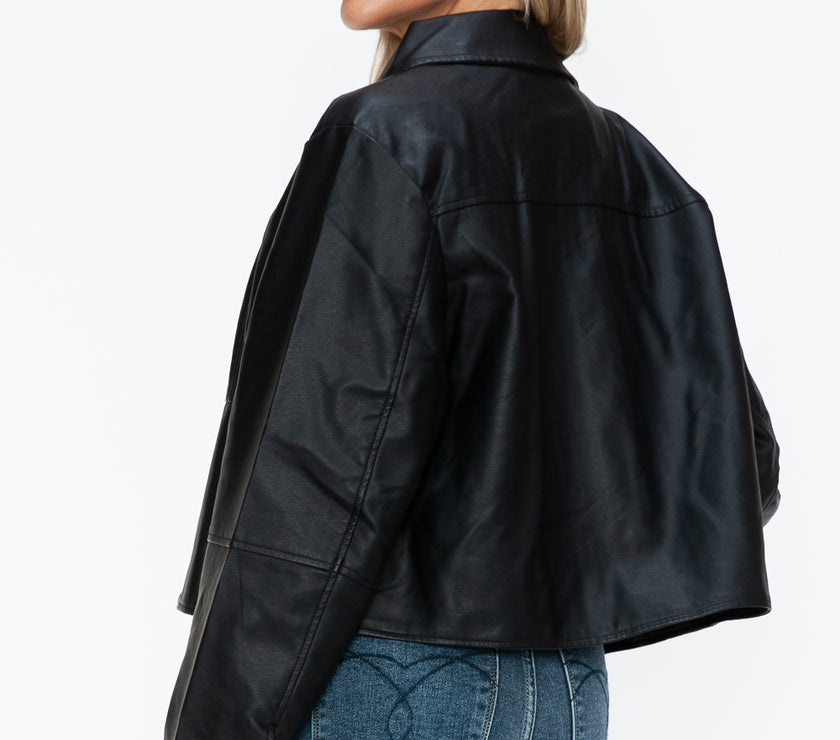 Snobbish Snap Down Long Sleeve PU Leather Jacket