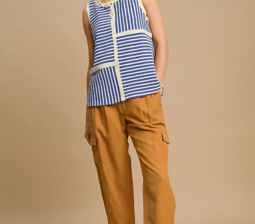 Umgee Round Neck Texture Striped Tank