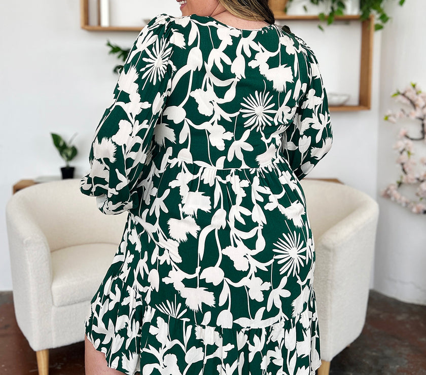 Double Take Full Size Printed Ruffle Hem Dress with Pocket