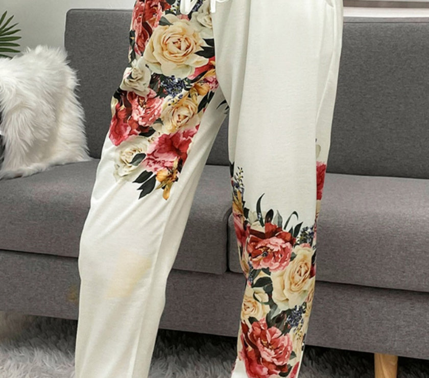 Shiny Printed Round Neck Top and Pants Lounge Set
