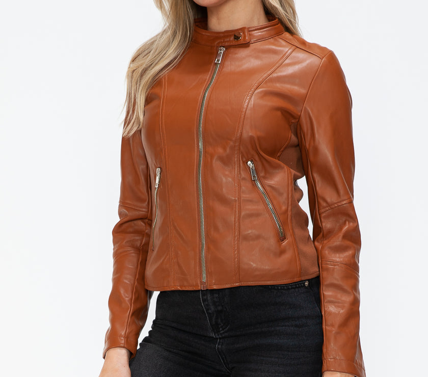Snobbish Faux Leather Zip Up Drawstring Hooded Jacket
