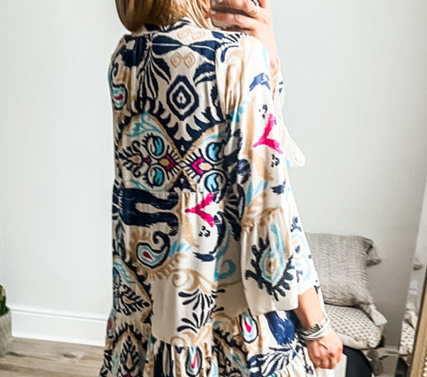 White Printed Tribal Bracelet Sleeve Buttoned Mini Dress