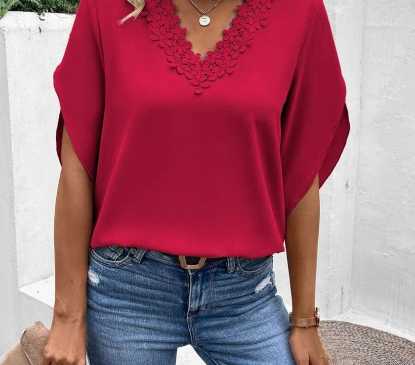Lace Detail V-Neck Half Sleeve Blouse