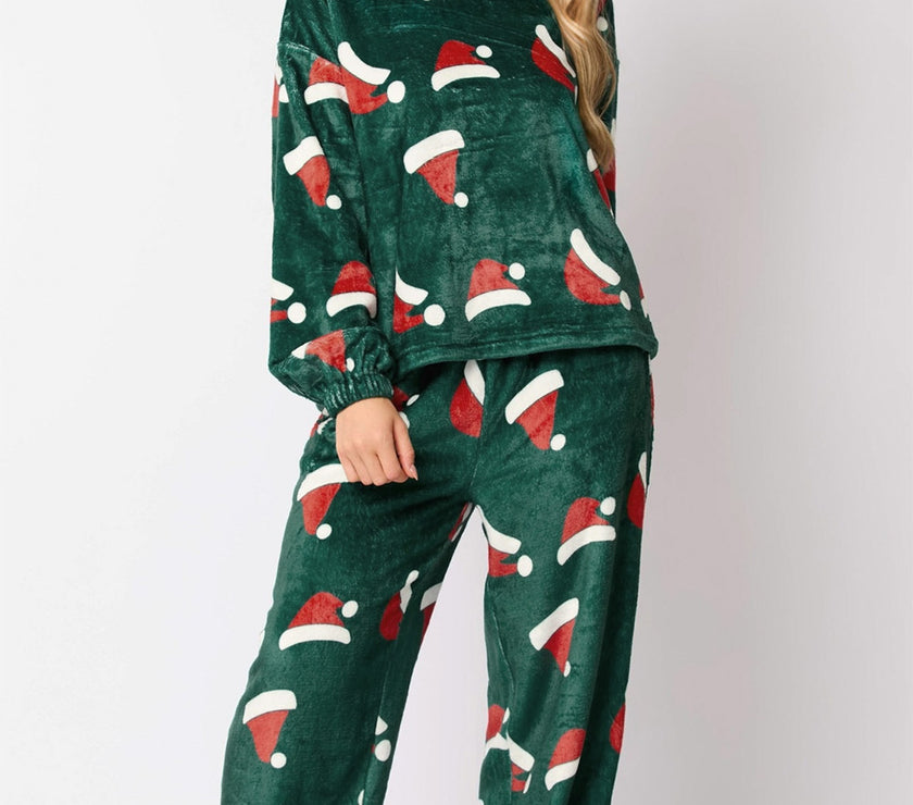 Christmas Hat Pattern Round Neck Long Sleeve Top and Pants Set
