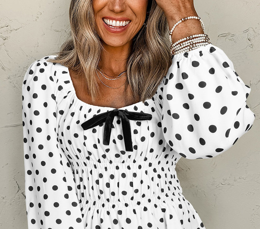 Bow Polka Dot Square Neck Long Sleeve Blouse