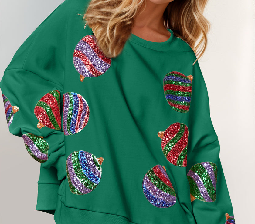 Double Take Christmas Element Sequin Round Neck Long Sleeve Sweatshirt
