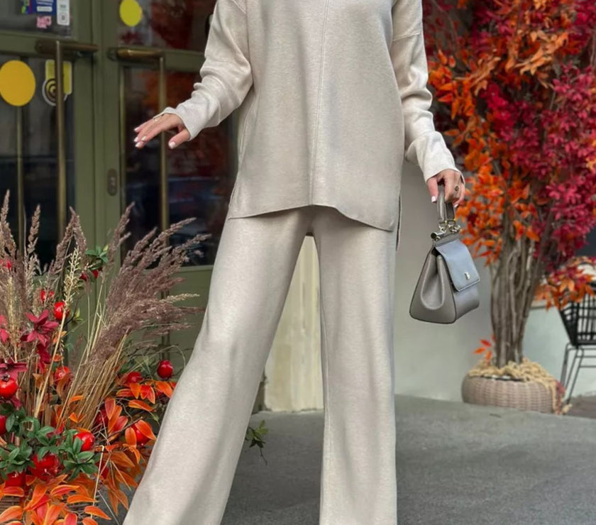 Slit Mock Neck Top and Pants Sweater Set