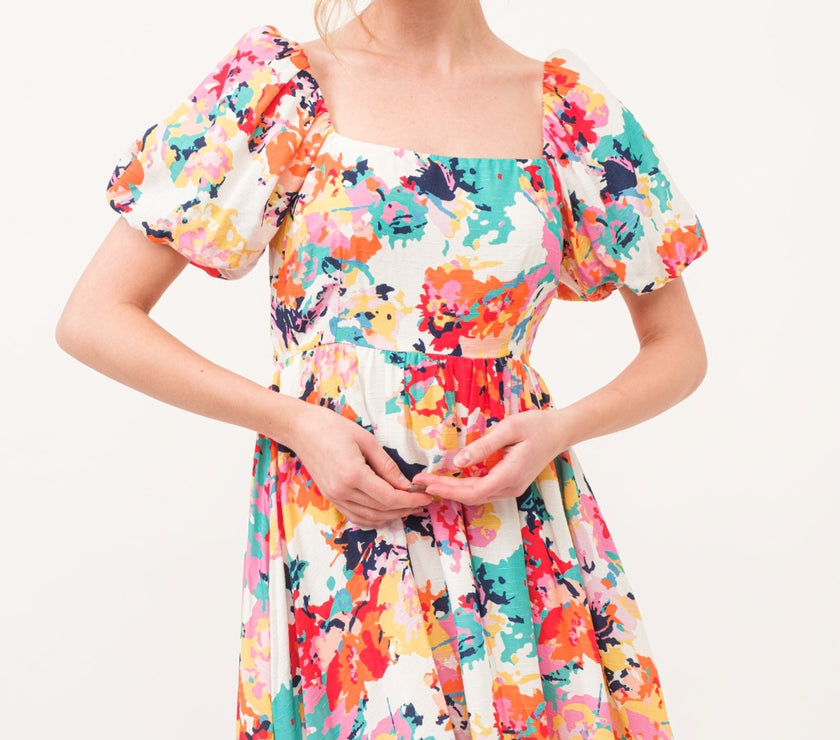 And The Why Square Neck Puff Sleeve Floral Dress