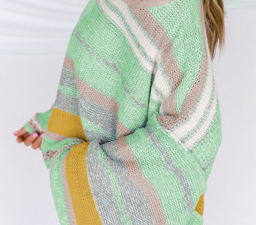 Contrast Striped Boat Neck Dropped Shoulder Sweater