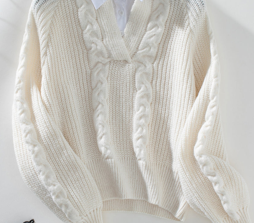 Cable-Knit Collared Neck Faux Layered Sweater