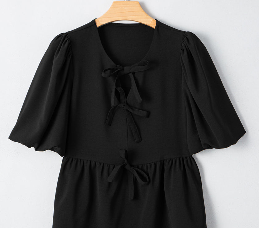Black Puff Sleeve Bowknot Front Peplum Blouse