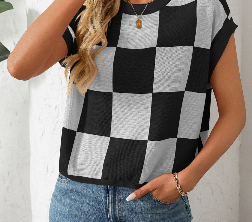 Mandy Checkered Round Neck Cap Sleeve Knit Top