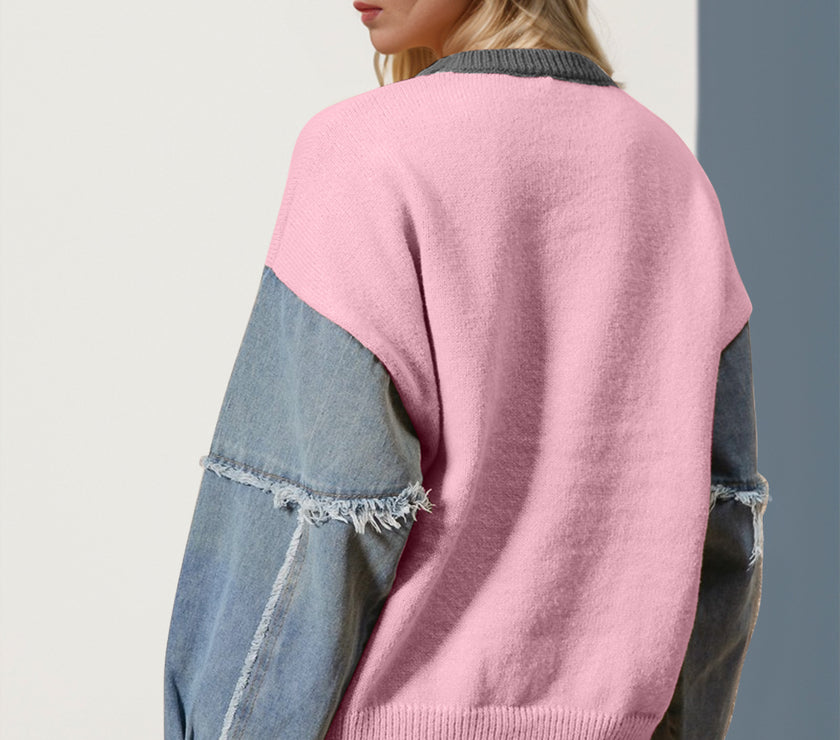 Double Take Full Size Star Pattern Raw Edge Long Sleeve Sweater