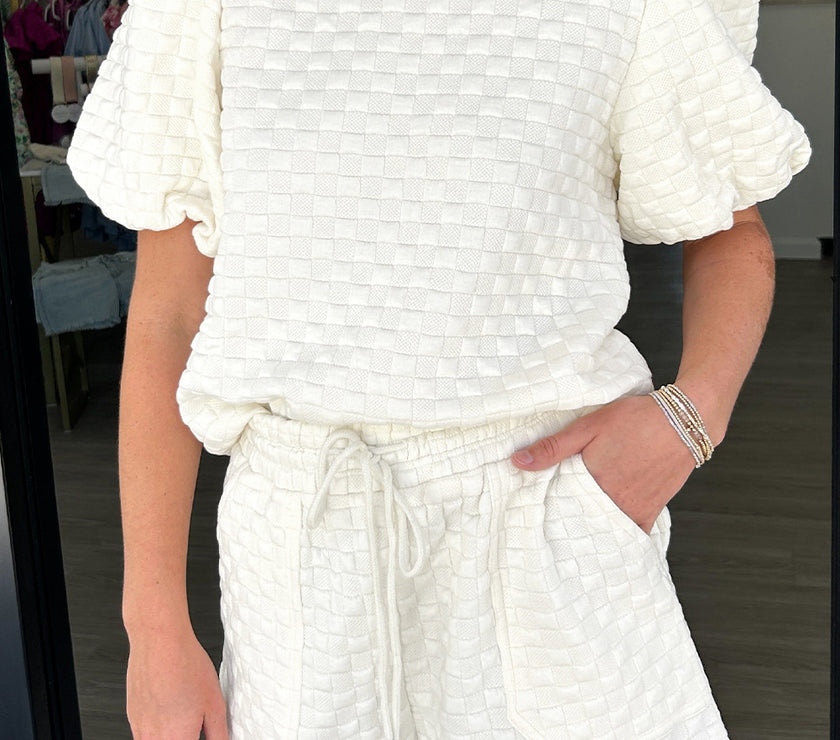 White Solid Color Checkered Texture Short 2pcs Outfit