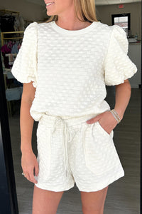 White Solid Color Checkered Texture Short 2pcs Outfit