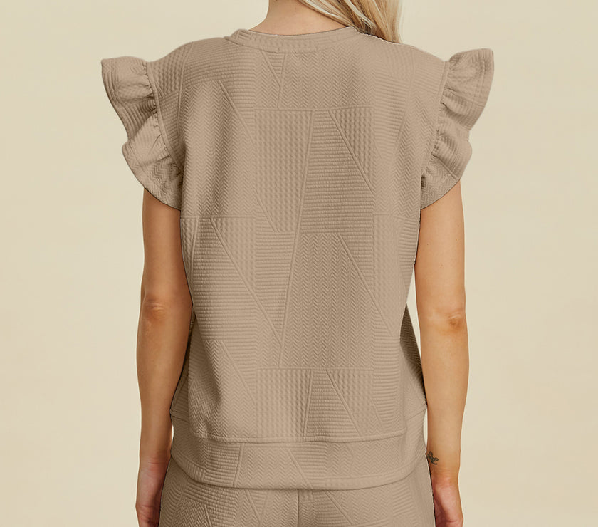 Double Take Full Size Texture Round Neck Ruffle Sleeve Top and Shorts Set