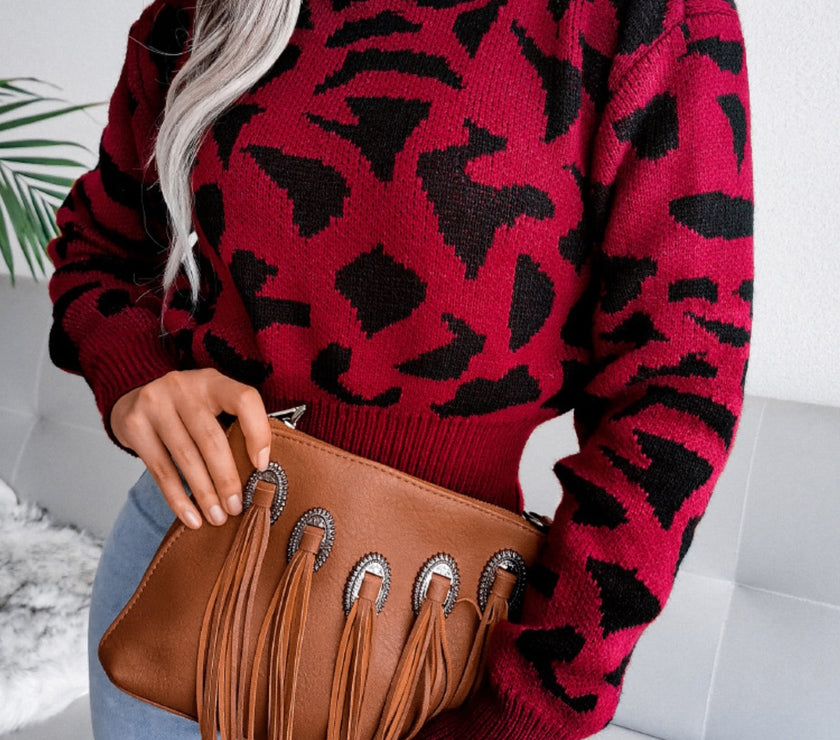 Leopard Round Neck Dropped Shoulder Sweater