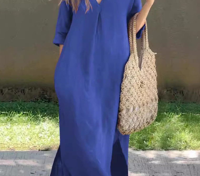 Full Size Notched Half Sleeve Midi Dress