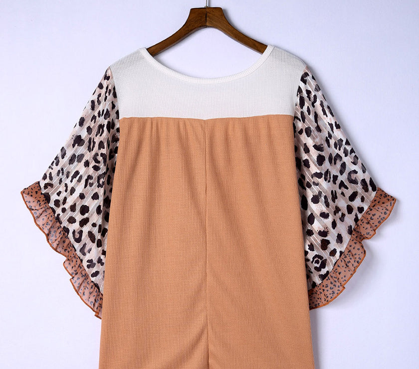 Plus Size Printed Color Block Ruffled Blouse