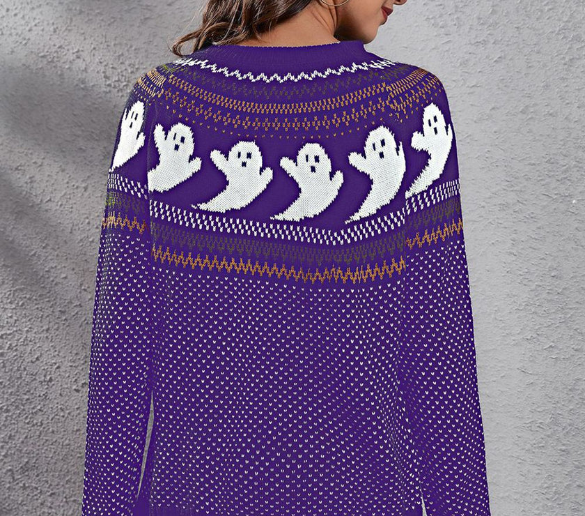 Ghost Pattern Round Neck Long Sleeve Sweater