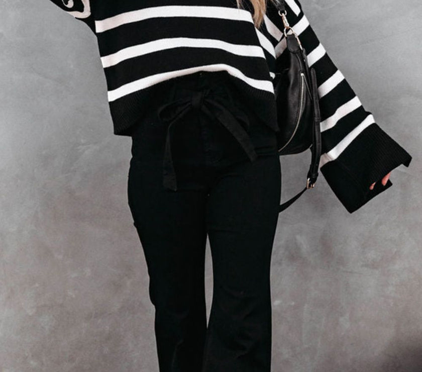Striped Johnny Collar Long Sleeve Sweater
