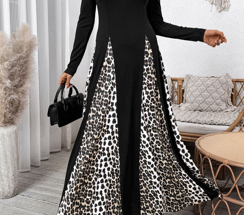 Perfee Leopard Square Neck Long Sleeve Maxi Dress