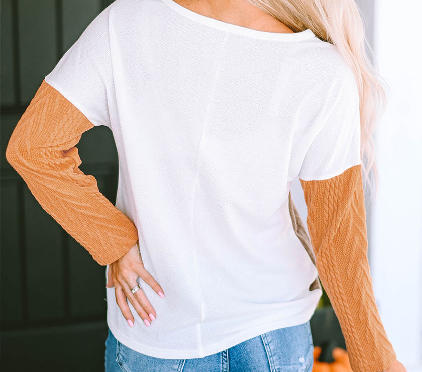 Full Size Color Block Cable-Knit Tops