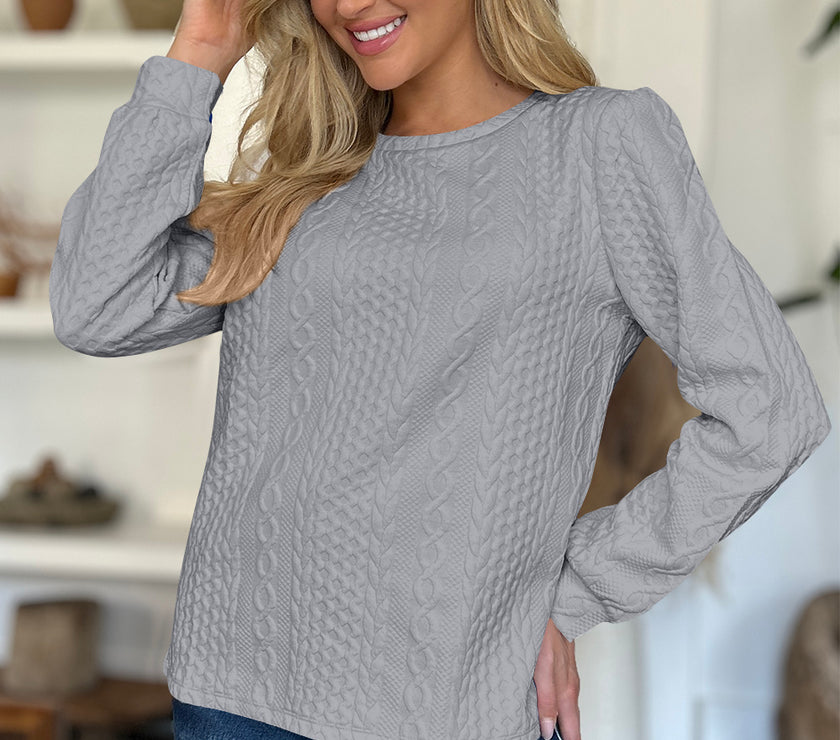 FAM-FAM Textured Round Neck Long Sleeve Sweatshirt