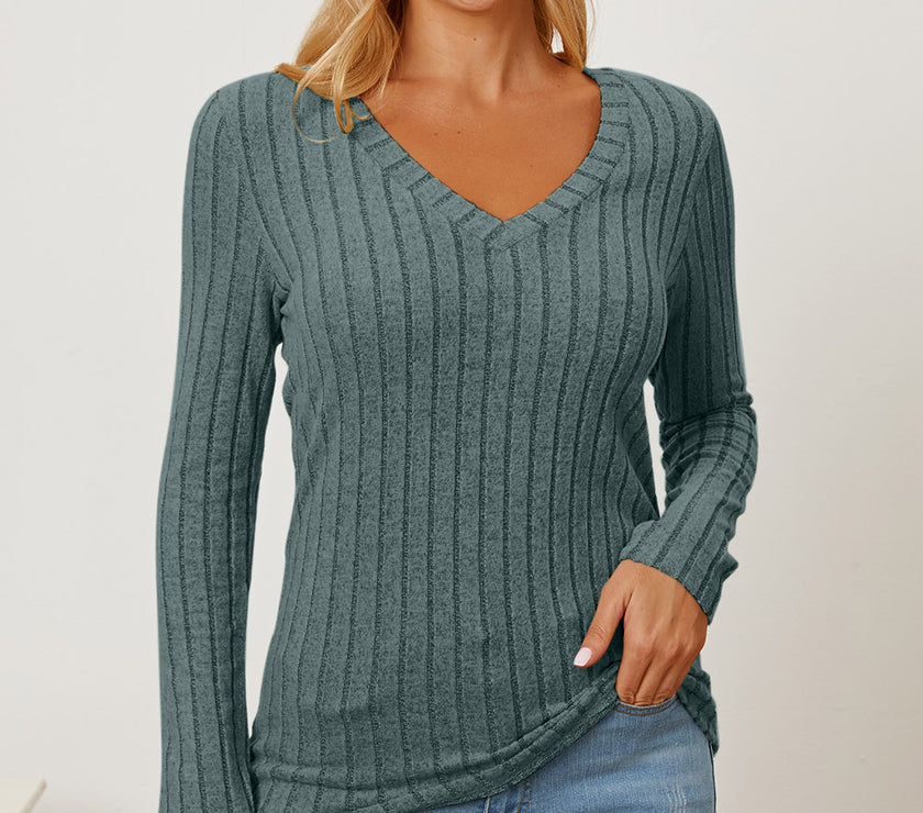 Basic Bae Full Size Ribbed V-Neck Long Sleeve T-Shirt