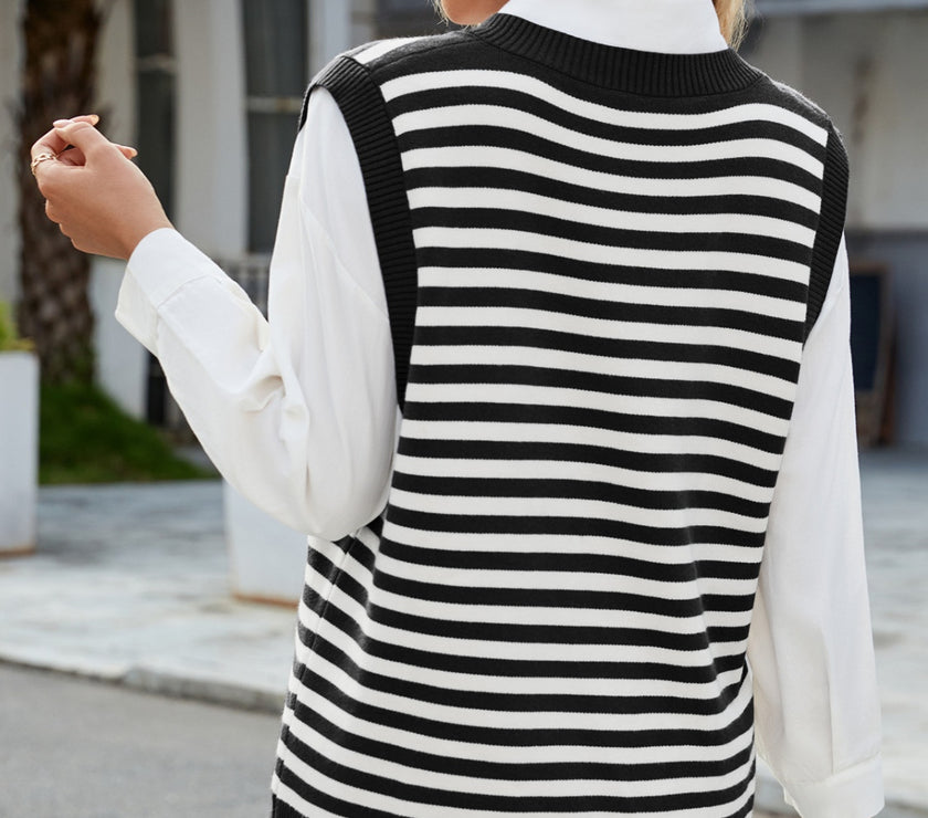 Slit V-Neck Striped Sweater Vest
