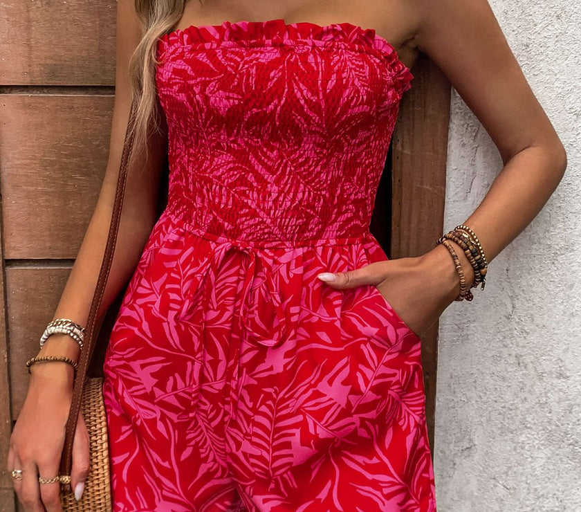 Perfee Smocked Printed Tube Romper with Pockets