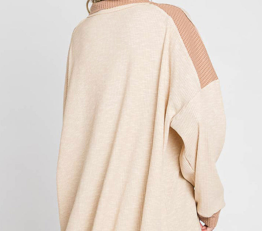 Waffle-Knit Color Block Half Button Long Sleeve Top