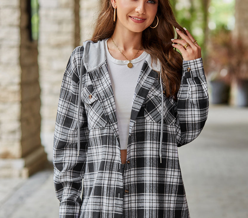 Mandy Plaid Long Sleeve Hooded Jacket