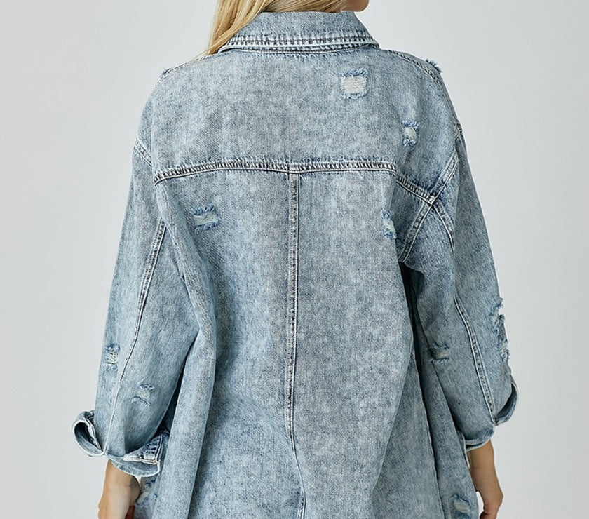 RISEN Distressed Raw Hem Denim Shirt