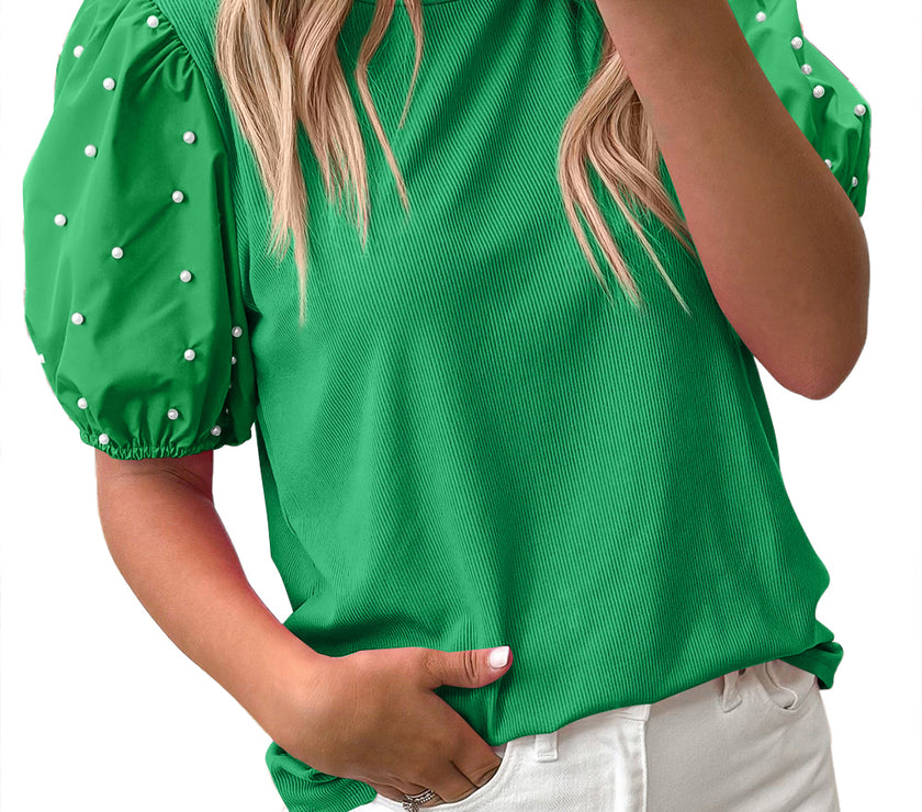 Bright Green Ribbed Pearl Beaded Puff Sleeve Top