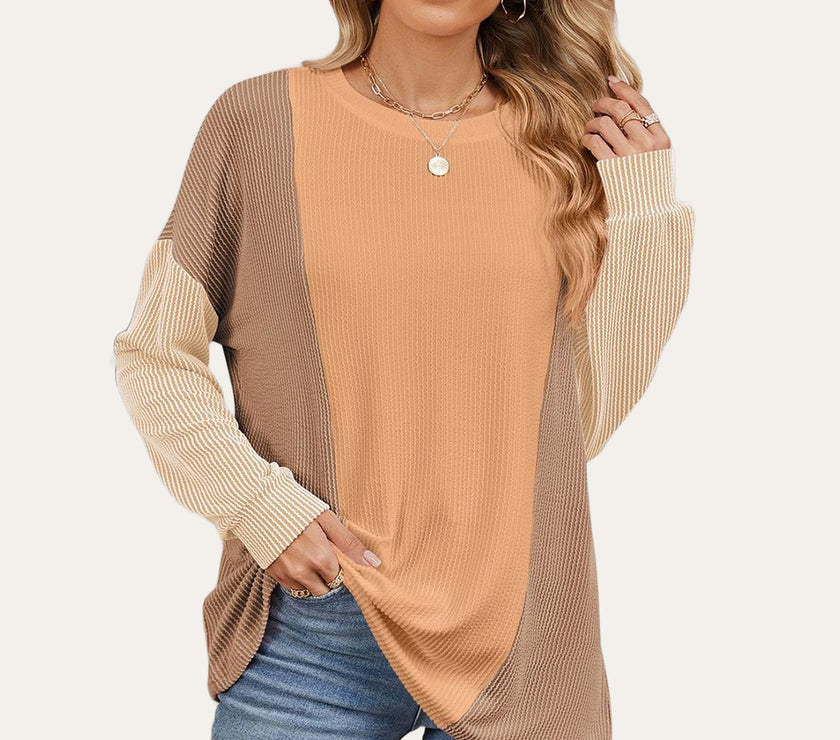 Double Take Texture Contrast Round Neck Long Sleeve T-Shirt