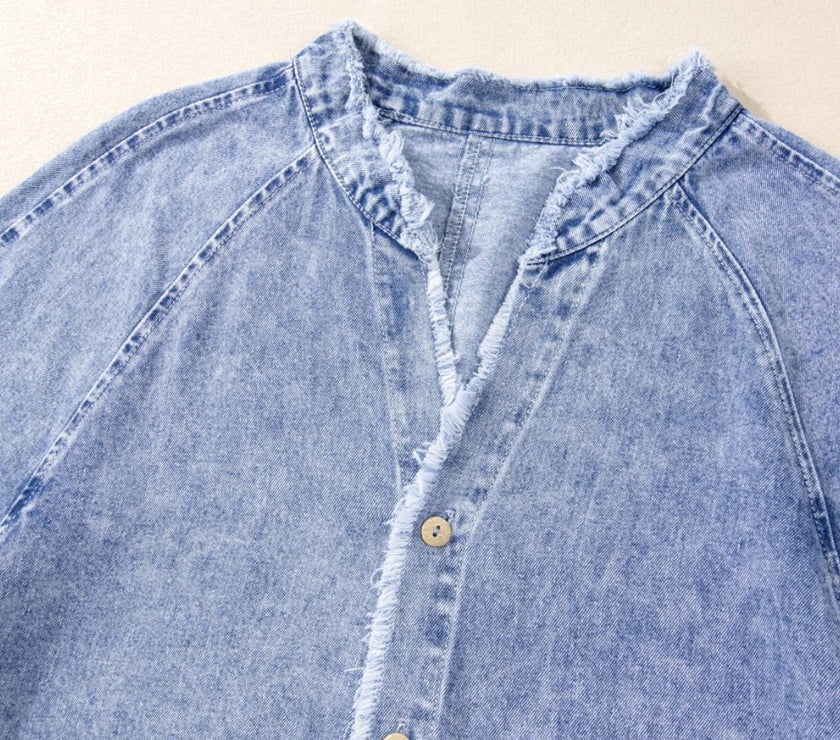 Raw Hem Button Down Long Sleeve Denim Dress