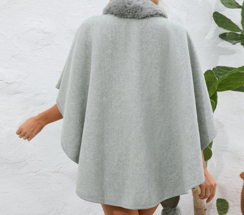 Fuzzy Trim Open Front Poncho