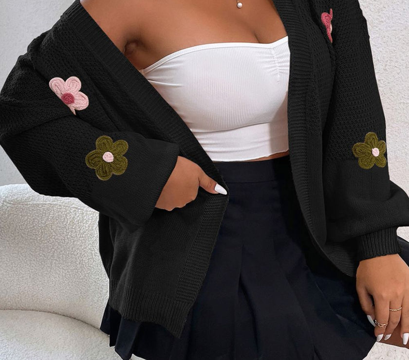 Floral Applique Drop Shoulder Open Front Cardigan
