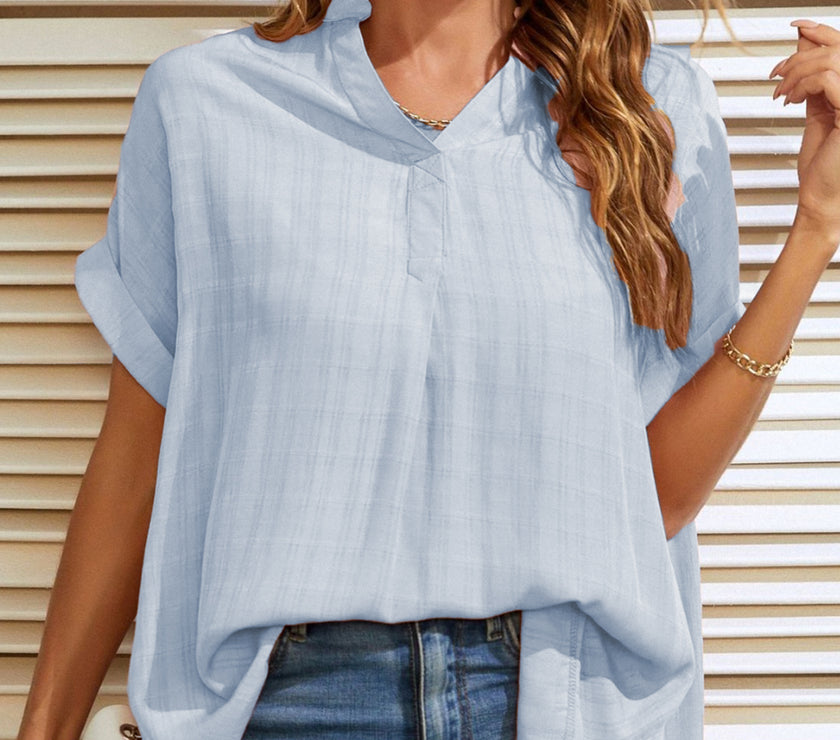 Mandy Side Slit Notched Short Sleeve Blouse