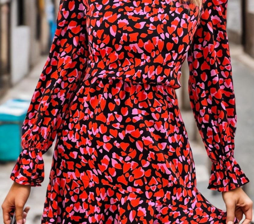 Heart Printed Mock Neck Flounce Sleeve Dress