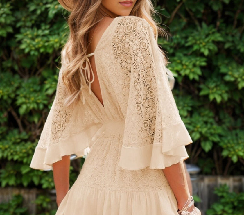 Ruffle Hem Tie Back Lace Mini Dress